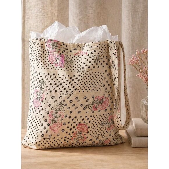 Free People Handbags - Free People Cream Canvas Floral and Black Star Tote
